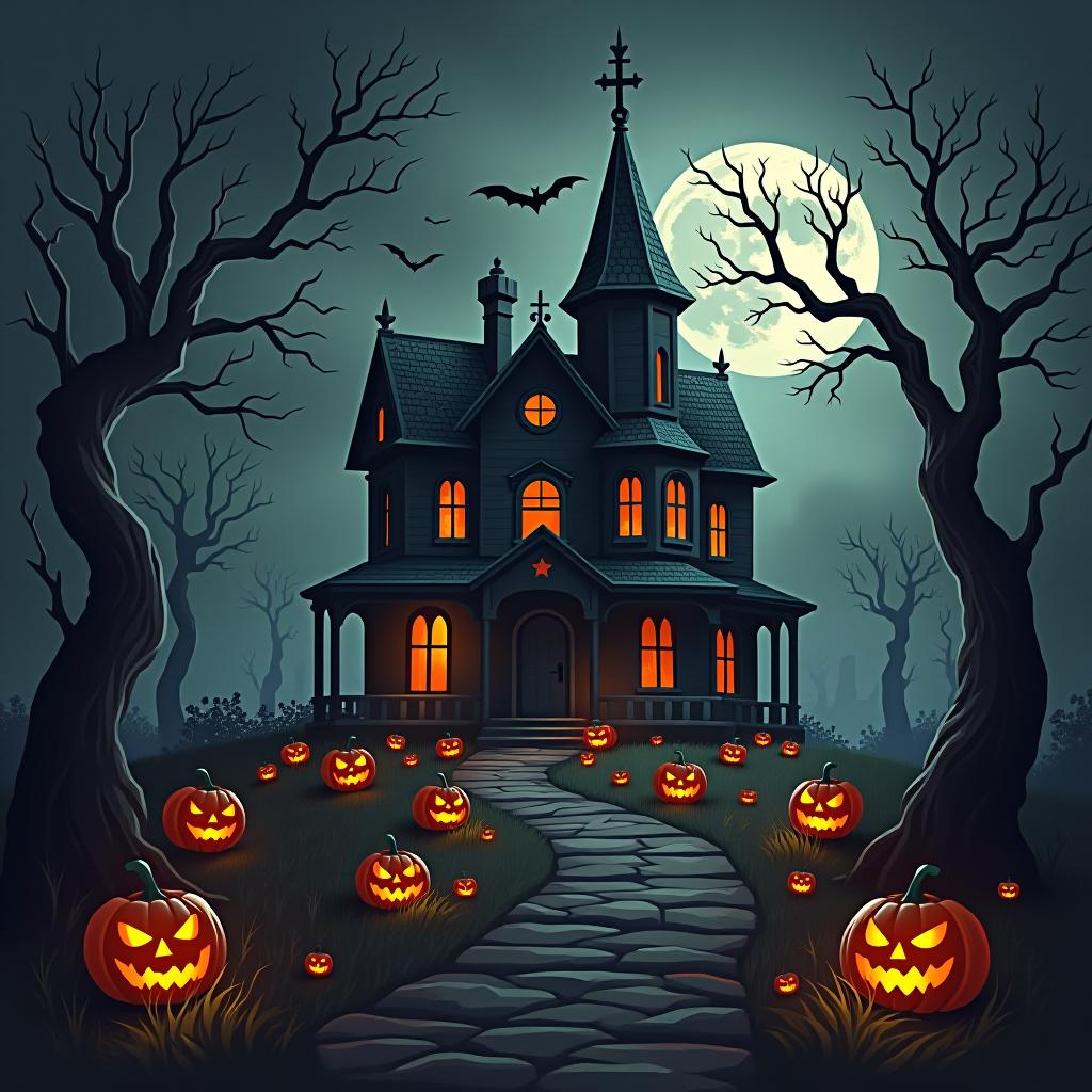  create a seamless digital painting of a spooky, halloween themed scene featuring a haunted house with gothic architecture. the house should be surrounded by twisted, gnarled trees and a multitude of jack o' lanterns. the scene should include a dark, cloudy sky to enhance the eerie atmosphere. the overall style should be detailed and atmospheric, capturing the essence of a haunted, creepy environment perfect for halloween, ensuring the design is seamless for use in repeating patterns or wraps.