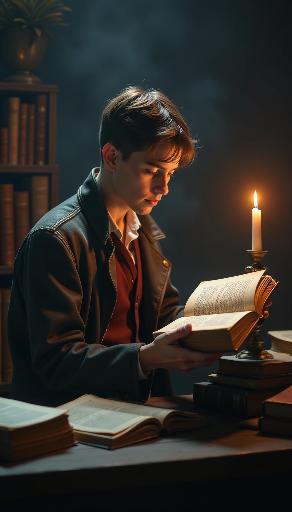  create a high quality, photorealistic image that vividly depicts the following scene: an arresting tableau featuring a youthful, contemplative academic, enveloped by heaps of ancient, heftily bound tomes. aloft is a taper, shedding a serene illumination on him, as he respectfully opens an age aged, battered leather bound manuscript, with minuscule specks of dust dancing in their slow movement. his sight flashes with anticipation and awe. the peripheral elements are cast in obscurity emphasizing him and the universe hidden within the sheets of the book. the dim surroundings harbor intriguing piles of antiquated cartographic parchments and hoary relics vying for recognition. capture this scene using a nikon d850, at an aperture of f/2.8, hyperrealistic, full body, detailed clothing, highly detailed, cinematic lighting, stunningly beautiful, intricate, sharp focus, f/1. 8, 85mm, (centered image composition), (professionally color graded), ((bright soft diffused light)), volumetric fog, trending on instagram, trending on tumblr, HDR 4K, 8K