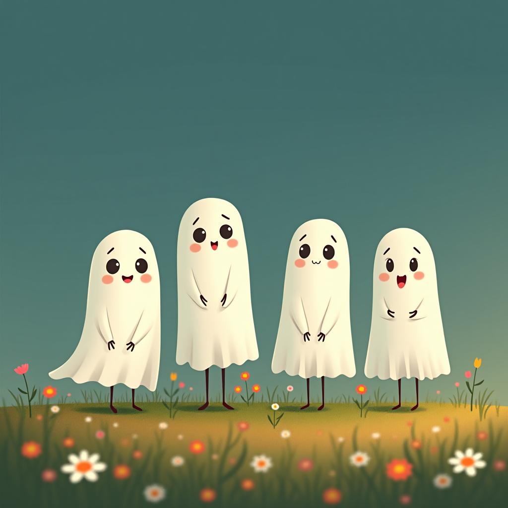  create a digital illustration featuring a row of four or five cute, cartoonish ghost characters, each with a different appearance, standing in different positions within sparse, life like wildflowers.