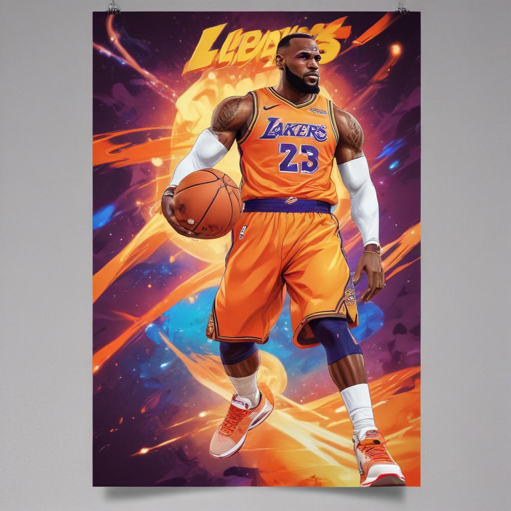 distance-shot, flashy, full-body, dynamic, holographic, animated cartoon poster of lebron james in the style of dragon ball super