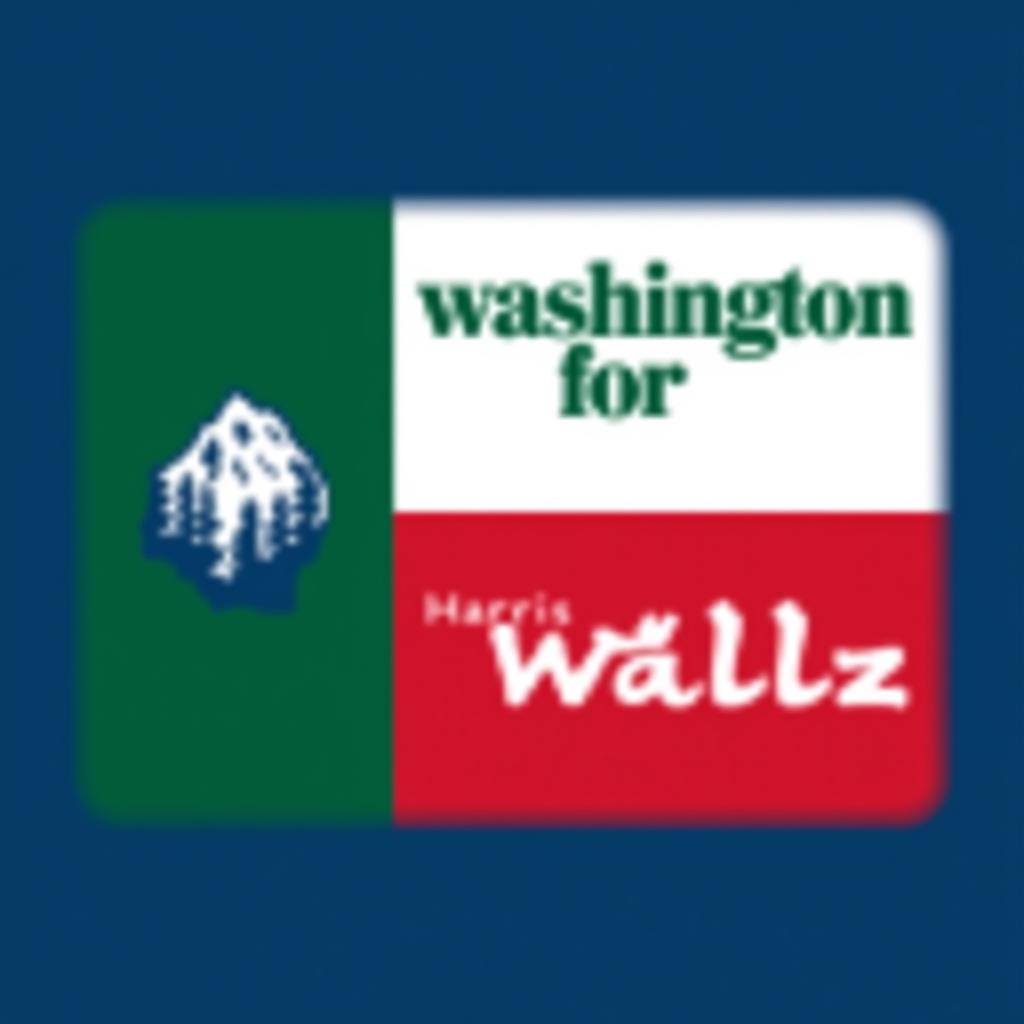  a design inspired by the washington state flag. the left side features a green vertical stripe with mt. rainer in the center. the right side is divided into two horizontal sections: the top section is white with the text 'washington for' in bold, green, uppercase letters, and the bottom section is red with the text 'harris walz' in bold, white, uppercase letters. the overall layout is clean and straightforward, with a clear and patriotic color scheme of blue, white, and red.