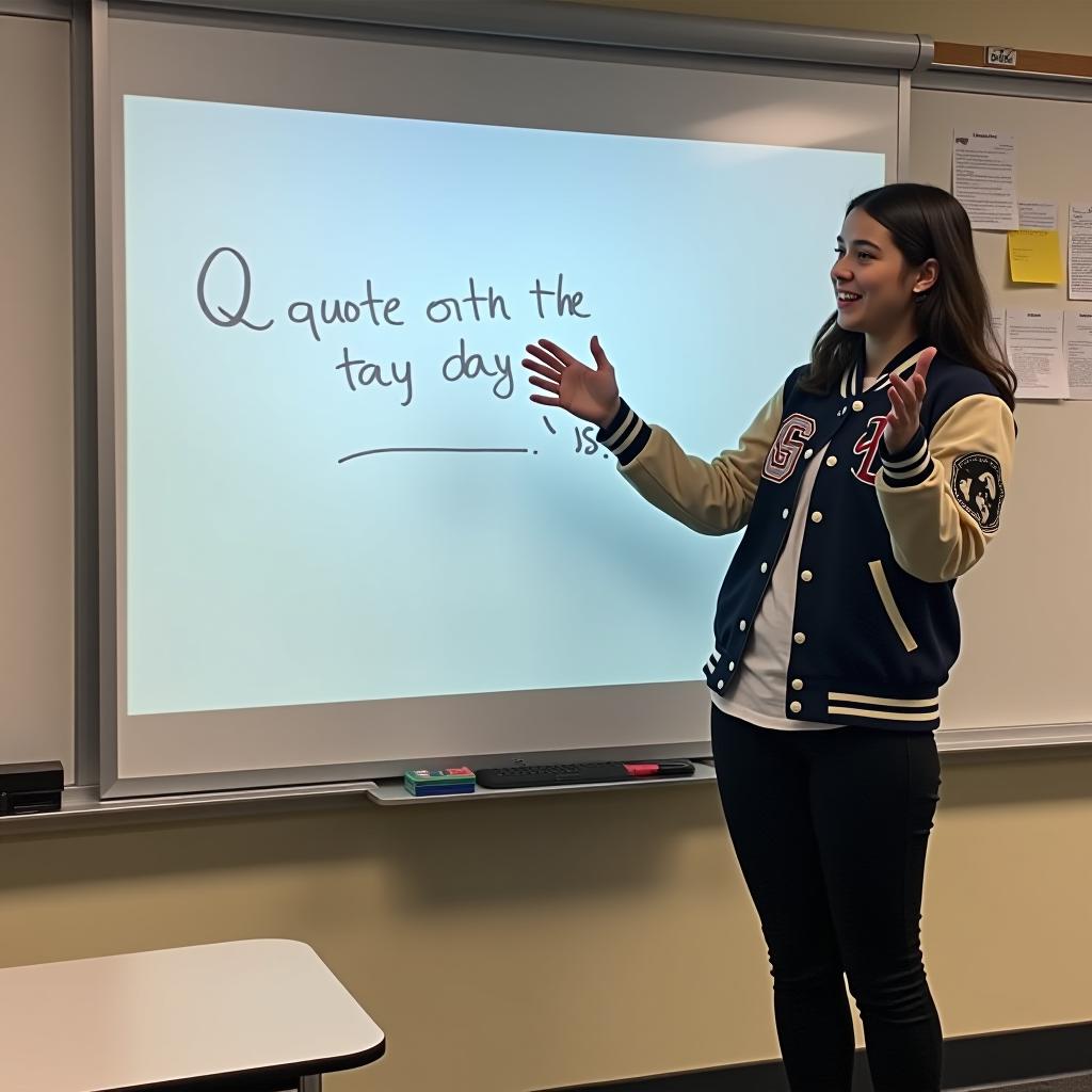  the image features a person, likely a student, standing in front of a large interactive whiteboard or smartboard in what appears to be a classroom. the individual is dressed in a varsity jacket with patches on the sleeves, black jeans, and sneakers. they are gesturing towards the screen with both arms extended, as if presenting something to the class. displayed on the whiteboard is a partially written phrase in a casual, handwritten style font: "quote of the day is..." the phrase seems to set the stage for a daily motivational or inspirational quote, though the actual quote isn't provided, leaving it open ended. in the background, there are some notes and papers posted on the classroom wall, adding to the academic setting. the overall mood