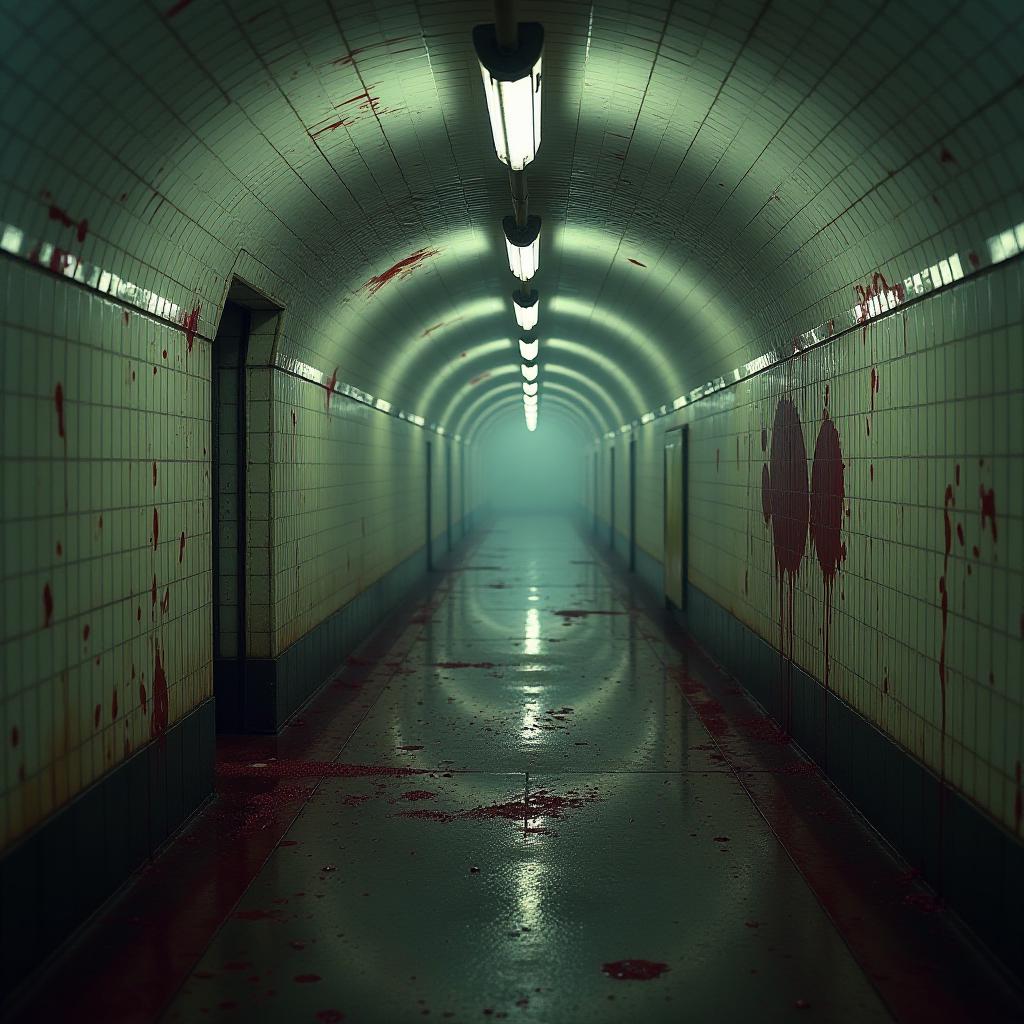  a beautiful abandoned station of the moscow metro, showing signs of struggle, blood on the walls, dim lighting. hyperrealistic, full body, detailed clothing, highly detailed, cinematic lighting, stunningly beautiful, intricate, sharp focus, f/1. 8, 85mm, (centered image composition), (professionally color graded), ((bright soft diffused light)), volumetric fog, trending on instagram, trending on tumblr, HDR 4K, 8K