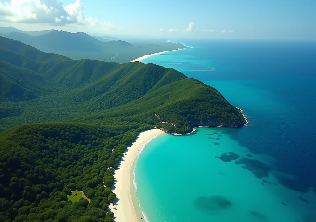  aerial view of jamaica showing the blue mountains, lush green forests, white sandy beaches, and turquoise caribbean waters, with a small inset map showing jamaica's location in the caribbean sea. hyperrealistic, full body, detailed clothing, highly detailed, cinematic lighting, stunningly beautiful, intricate, sharp focus, f/1. 8, 85mm, (centered image composition), (professionally color graded), ((bright soft diffused light)), volumetric fog, trending on instagram, trending on tumblr, HDR 4K, 8K