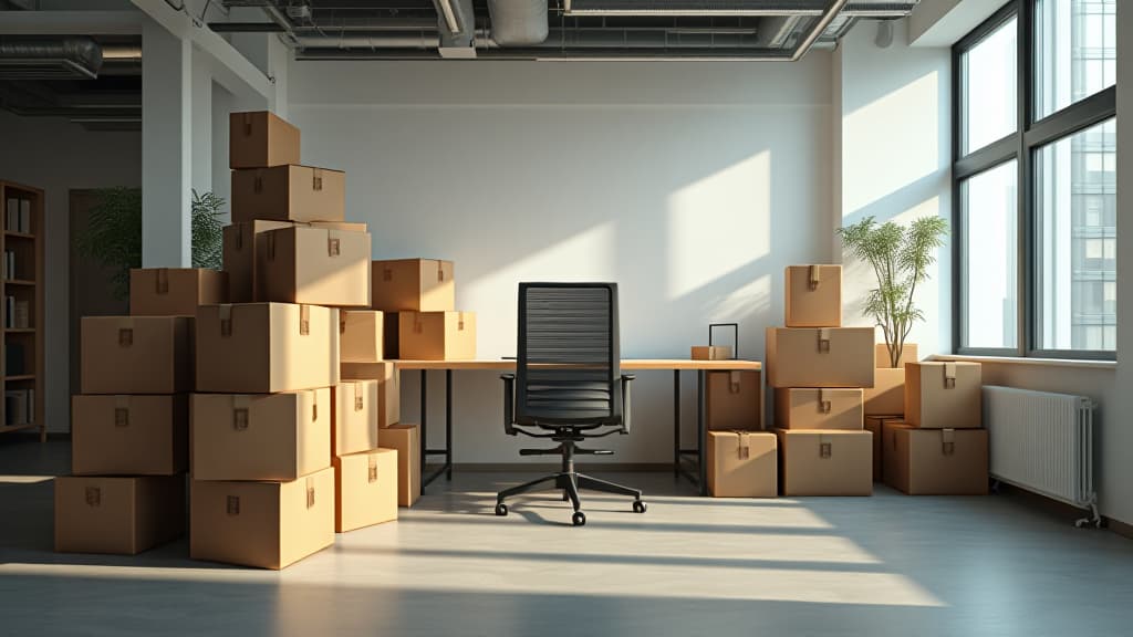  stack of cardboard boxes with stuff and office chair in empty office room. moving to new office, relocating, crisis, remote working, start new business, e commerce concept, high quality, high details, hd, perfect composition, 4k epic detailed, highly detailed, sharp focus, high resolution