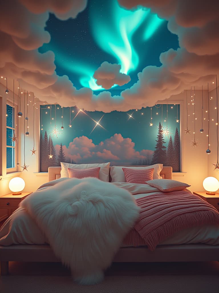  high quality portrait photo of a whimsical bedroom with cloud like suspended beds, twinkling star lights, and a painted aurora borealis mural spanning the walls and ceiling hyperrealistic, full body, detailed clothing, highly detailed, cinematic lighting, stunningly beautiful, intricate, sharp focus, f/1. 8, 85mm, (centered image composition), (professionally color graded), ((bright soft diffused light)), volumetric fog, trending on instagram, trending on tumblr, HDR 4K, 8K