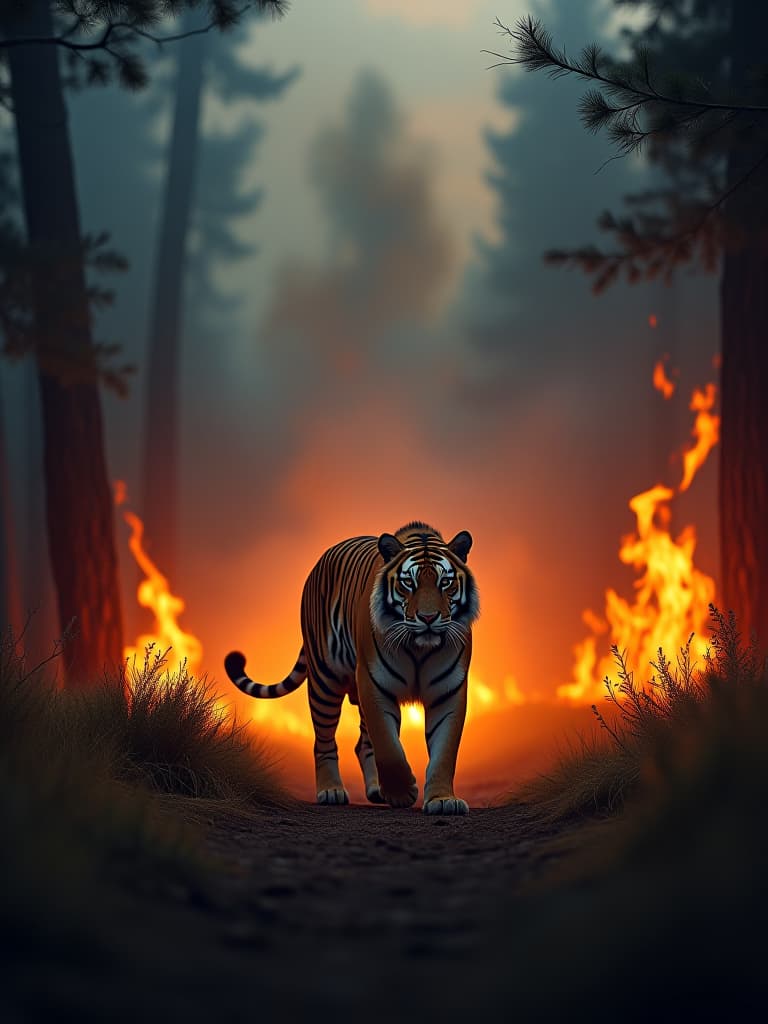  a fierce fire suddenly breaks out in the forest, with smoke billowing and flames ing through the trees. the tiger stands trapped in the middle of the fire, photo realistic, highly intricate and detailed, masterpiece, ultra high res,photography,8k resolution