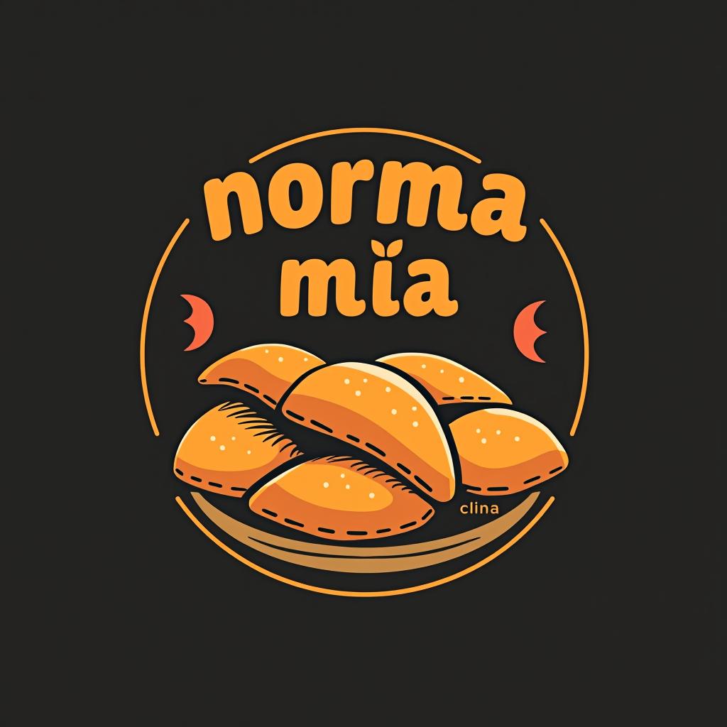  design a logo, haz un logo mezclando la imagen de un mini market y empanadas chilenas , with the text 'norma mía '.