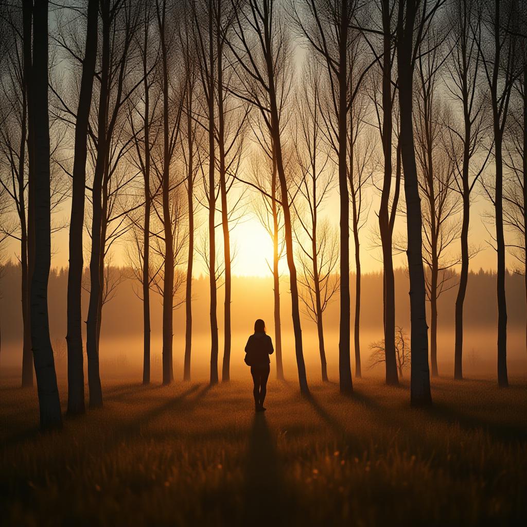  "dawn. a birch grove. sun rays break through the branches of the trees. a woman with a backpack stands in a clearing, gazing into the distance, feeling a sense of freedom."