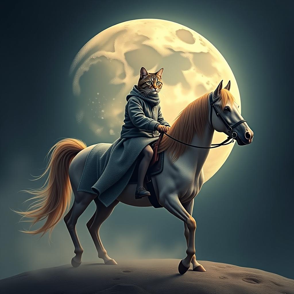  a cat riding a horse, hand drawn, on the moon, studio light, hdr 4k hyperrealistic, full body, detailed clothing, highly detailed, cinematic lighting, stunningly beautiful, intricate, sharp focus, f/1. 8, 85mm, (centered image composition), (professionally color graded), ((bright soft diffused light)), volumetric fog, trending on instagram, trending on tumblr, HDR 4K, 8K