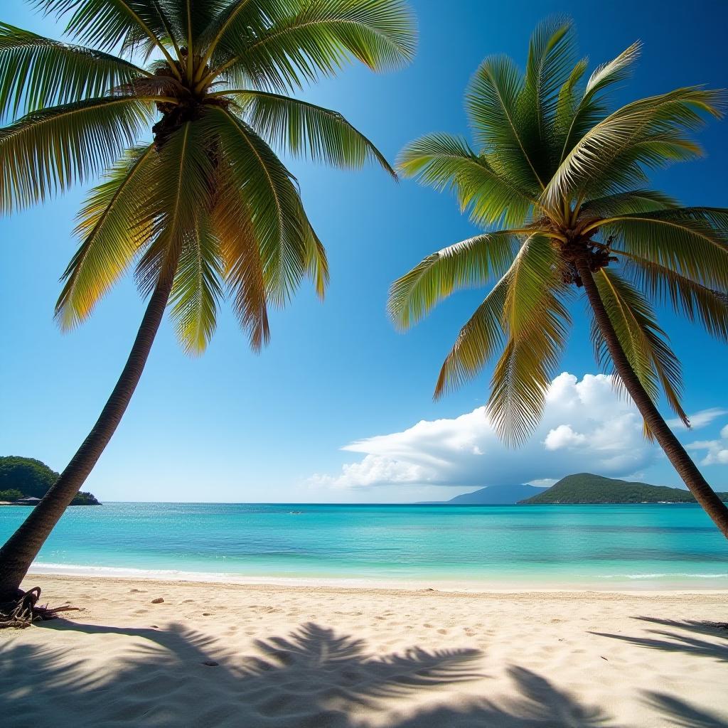  beach, palm trees, sand.