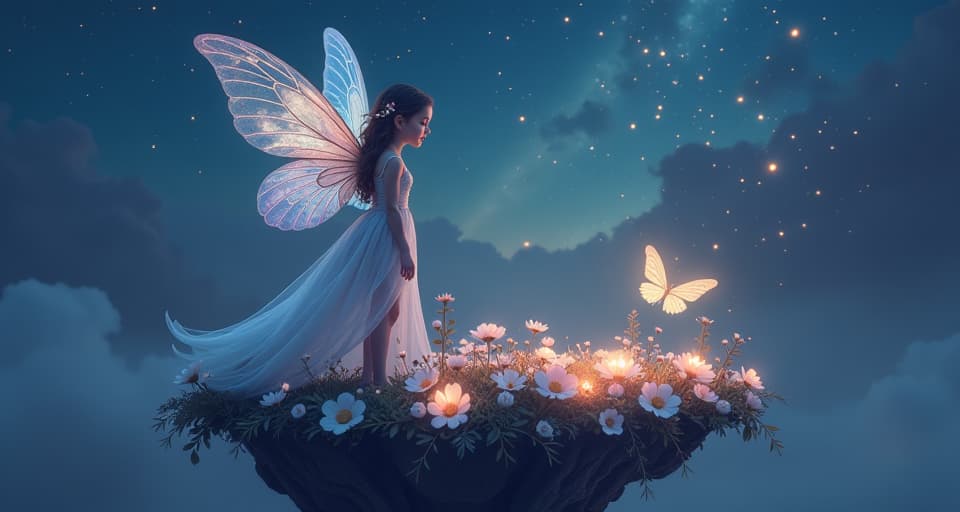  enigmatic fairy with translucent wings, her eyes glowing with unseen knowledge, standing alone on a floating island covered with delicate, luminescent flowers. her expression is calm and unknowingly catalytic, set against a backdrop of a twilight sky filled with softly twinkling stars.. the style is digital art illustration,highly detailed, whimsical,magical, dreamlike atmosphere, realism and fantasy blend, smooth, glossy textures,luminous quality, wonder and enchantment.