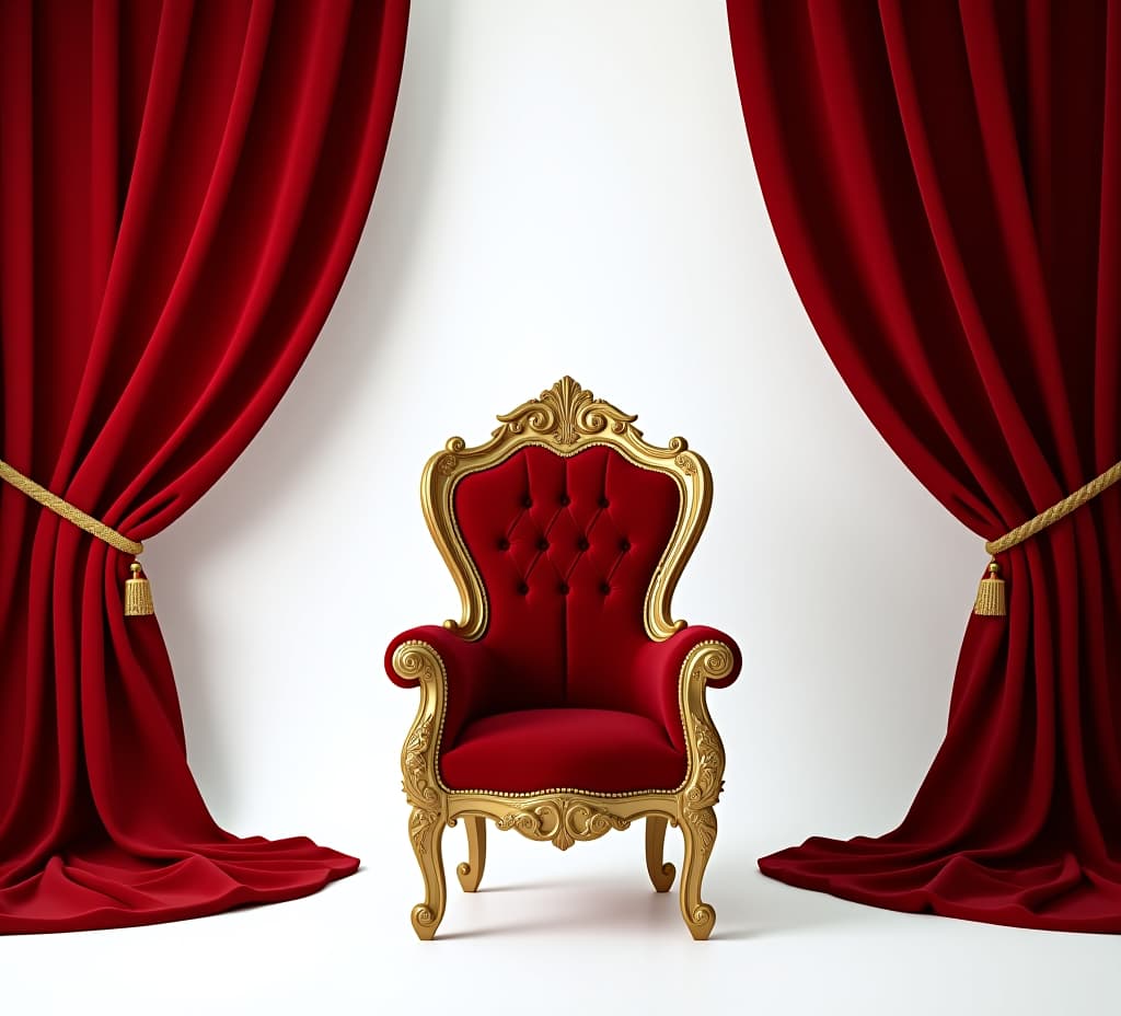  antique armchair in the interior, the throne room with gold royal chair on a white background of red curtains. place for the king. throne, luxury armchair,