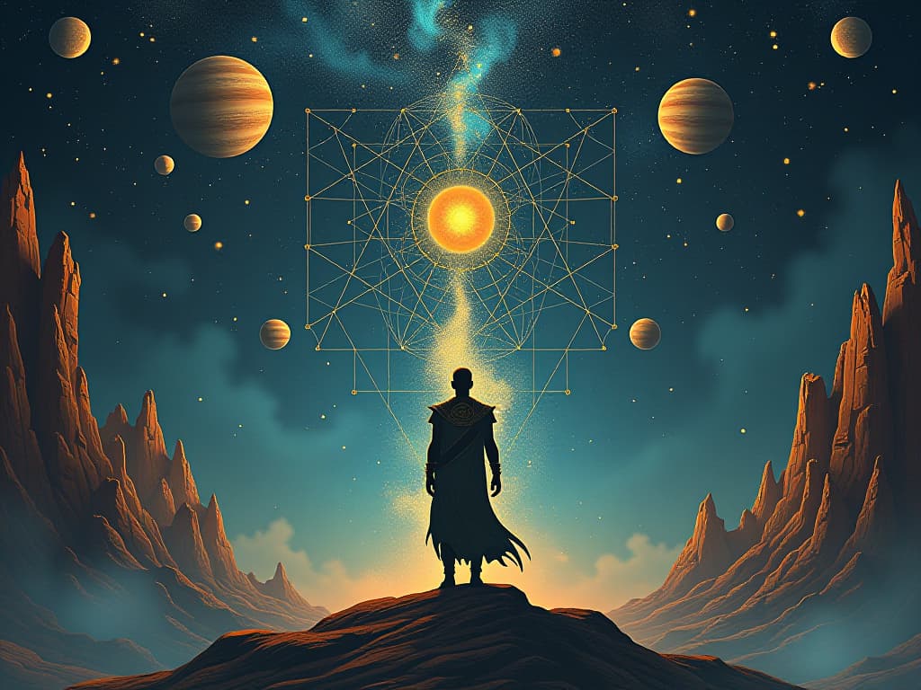  a celestial alignment of stars and planets, with a figure standing in the foreground, cosmic consciousness emanating from within. the style is digital art illustration / modern comic book / mysterious occult, symbolic, esoteric vibe,high detail on character design, incorporating ancient egyptian symbology and attire.