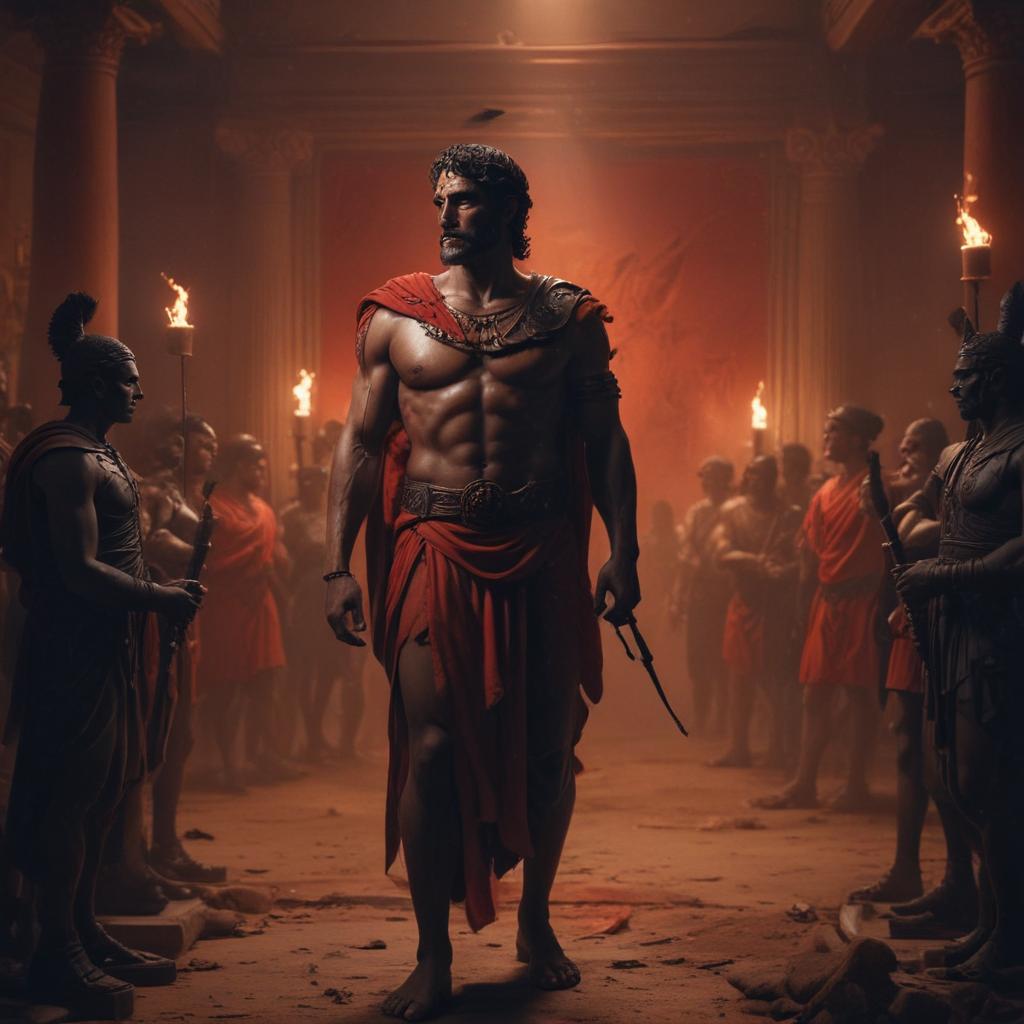 Achilles stands resolute, unwilling to yield to Agamemnon's entreaties, his sense of honor and integrity shining through, as the scene unfolds in a tense standoff, the atmosphere charged with emotion and conflict, against a backdrop of a camp in disarray with flickering torches and shadows dancing in the night, depicted in a dramatic, high contrast style with a focus on the clash of wills and moral dilemmas."in the style of classical Greek pottery art, with intricate black figures on a red background, depicting mythological scenes with a focus on gods and heroes, using a limited color palette of red, black, and white"This image is a breathtaking painting that captures the magical scene with vivid detail. The overall composition is spellbind hyperrealistic, full body, detailed clothing, highly detailed, cinematic lighting, stunningly beautiful, intricate, sharp focus, f/1. 8, 85mm, (centered image composition), (professionally color graded), ((bright soft diffused light)), volumetric fog, trending on instagram, trending on tumblr, HDR 4K, 8K