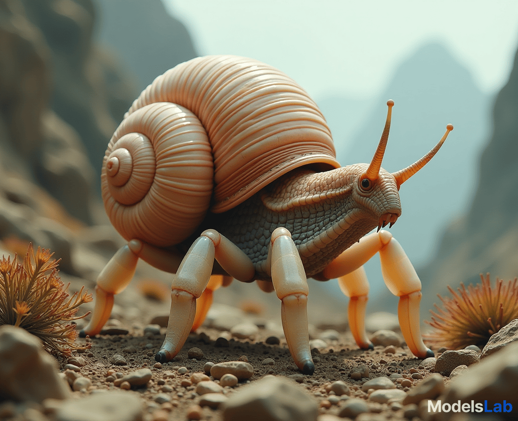  a photo of a six legged, land dwelling, snail like bulky creature with translucent limbs and body inflated like balloons. the animal is on a planet with very strong gravity. the background contains a rocky terrain and unusual plants. moody photo