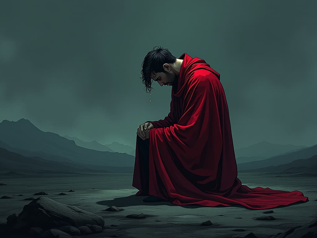  male figure in red robes, kneeling in a desolate landscape, tears streaming, sense of profound human impact and remorse. the style is digital art illustration / modern comic book / graphic dark novel fantasy and mysterious occult, symbolic, moody lighting, esoteric vibe,high detail on character design. for the color scheme emphasize blacks and reds.