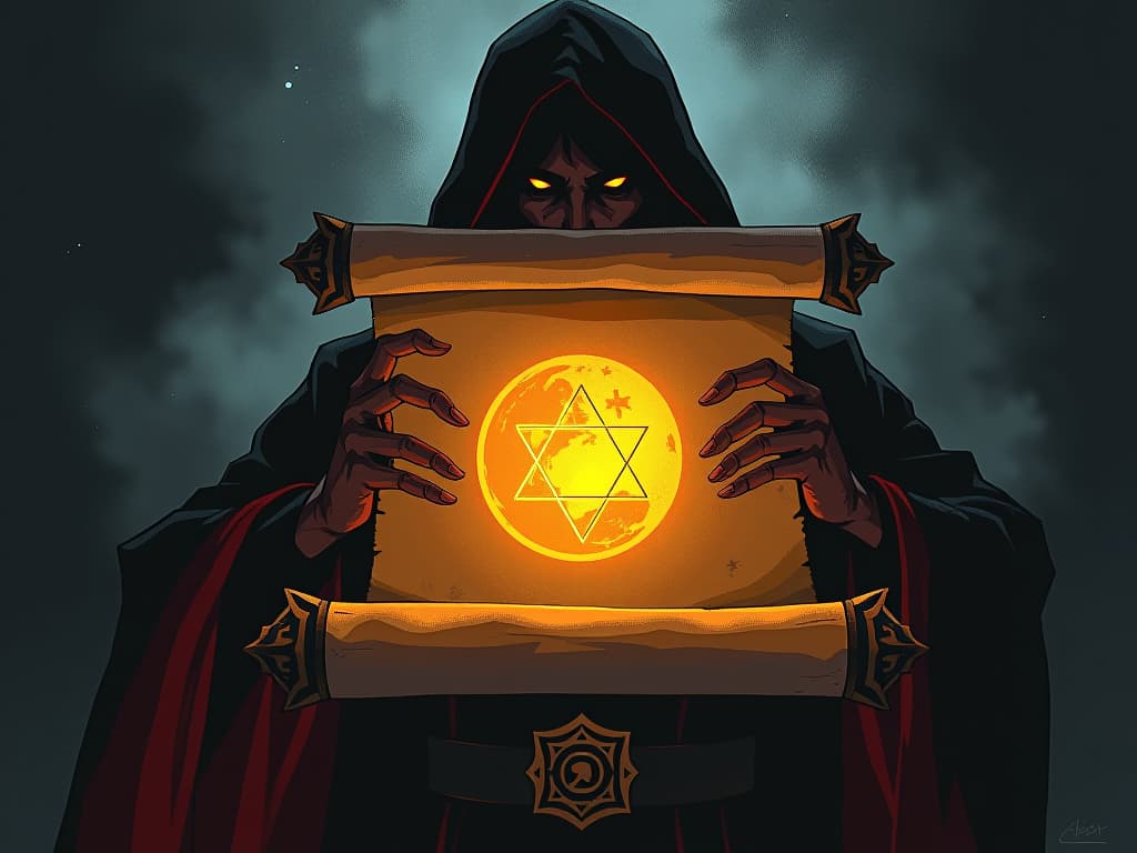  golden destiny scroll, glowing with potential, held by a spectral hand, dark surroundings, promise in the air. the style is digital art illustration / modern comic book / graphic dark novel fantasy and mysterious occult, symbolic, moody lighting, esoteric vibe,high detail on character design. for the color scheme emphasize blacks and reds.