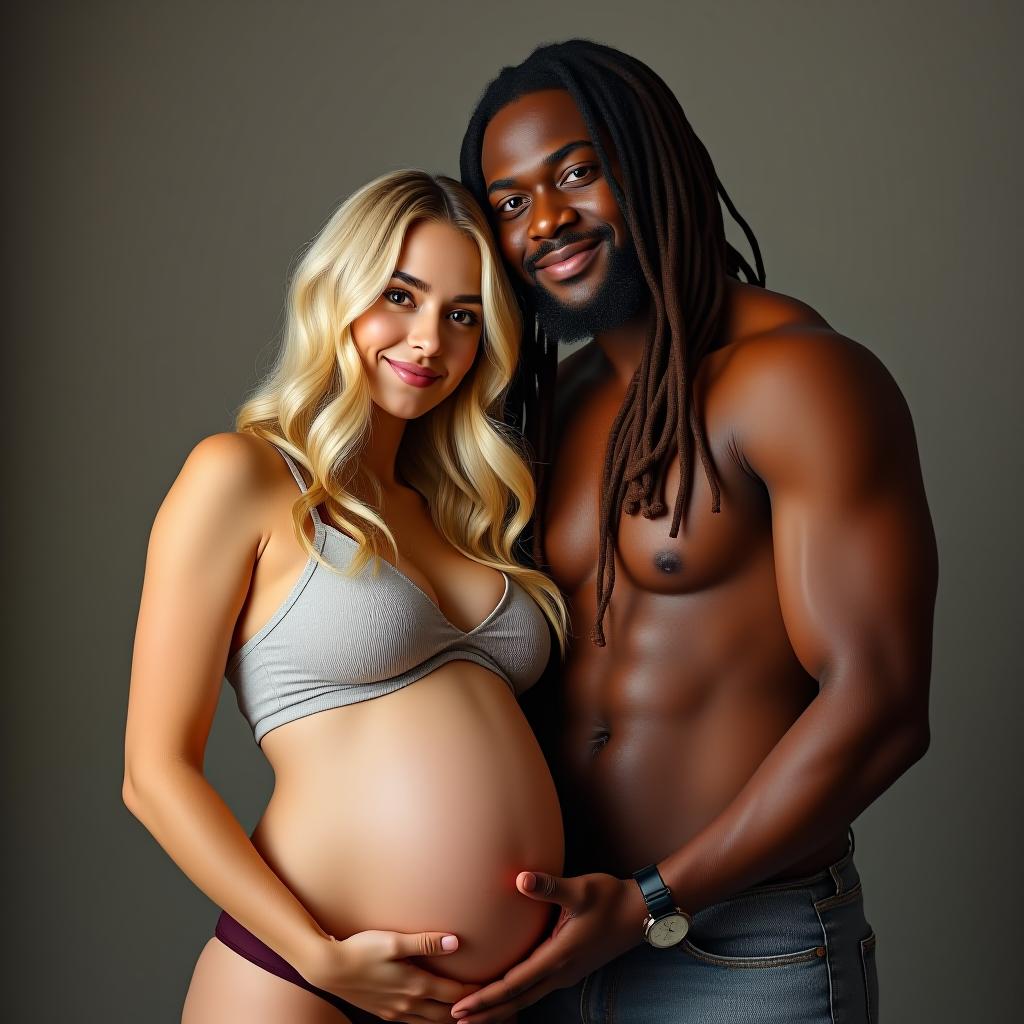  make an image of a blonde haired woman that is pregnant with fair skin and dark brown eyes with the dad who is light skinned with long dreads like a rasta