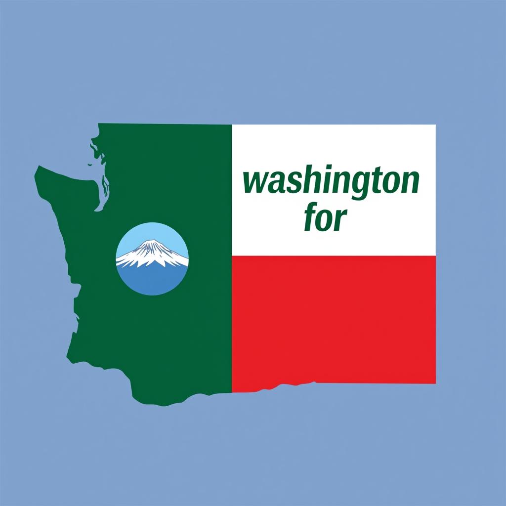  a design inspired by the washington state flag. the left side features a green vertical stripe with mt. rainer in the center. the right side is divided into two horizontal sections: the top section is white with the text 'washington for' in bold, green, uppercase letters, and the bottom section is red with the text 'harris walz' in bold, white, uppercase letters. the overall layout is clean and straightforward, with a clear and patriotic color scheme of blue, white, and red.