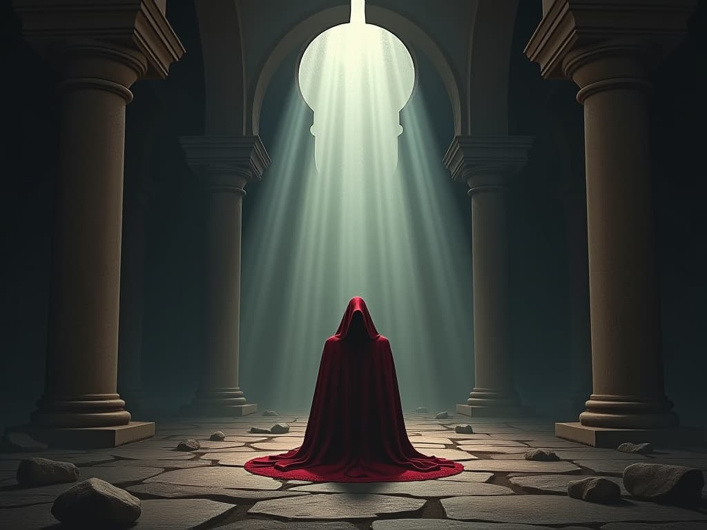  a cloaked figure kneeling in an ancient, ruined temple, beams of light breaking through cracked walls, an aura of solemn realization and repentance.. the style is dark fantasy and mysterious occult, symbolic, moody lighting, esoteric vibe,high detail on character design. for the color scheme emphasize blacks and reds.