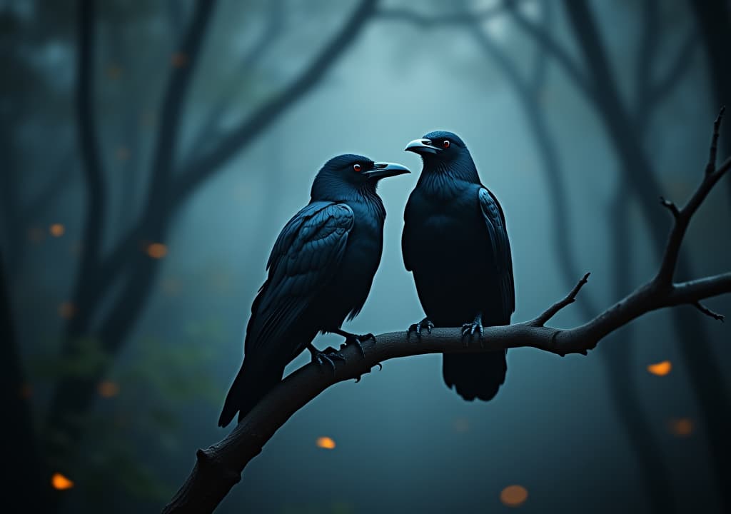  a mystical forest landscape at twilight, two majestic black ravens perched on a gnarled branch, their glossy feathers glistening, surrounded by ethereal mist and glowing fireflies, hinting at ancient secrets and folklore. hyperrealistic, full body, detailed clothing, highly detailed, cinematic lighting, stunningly beautiful, intricate, sharp focus, f/1. 8, 85mm, (centered image composition), (professionally color graded), ((bright soft diffused light)), volumetric fog, trending on instagram, trending on tumblr, HDR 4K, 8K