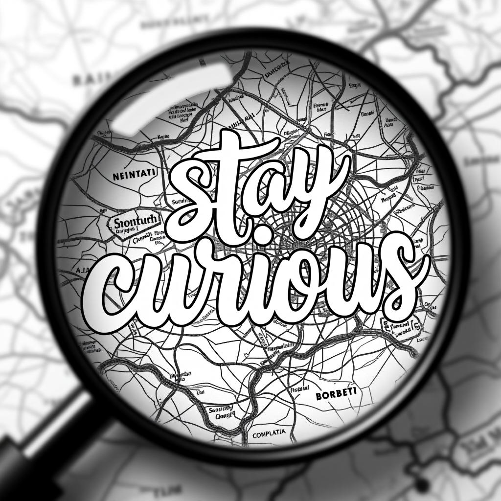  a coloring page with the words ''stay curious" in white with a black outline write. write the text in a magnifying glass over a map on a white background."" hyperrealistic, full body, detailed clothing, highly detailed, cinematic lighting, stunningly beautiful, intricate, sharp focus, f/1. 8, 85mm, (centered image composition), (professionally color graded), ((bright soft diffused light)), volumetric fog, trending on instagram, trending on tumblr, HDR 4K, 8K