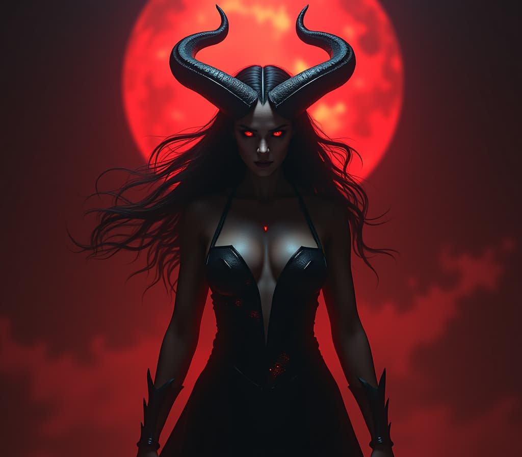  a dark and menacing figure emerges from the shadows, exuding an aura of pure malevolence and power. she is a demonic entity, with sharp, towering horns curving from her head and piercing red eyes that glow with an unearthly intensity. her long, flowing hair moves as if caught in an invisible, hellish wind, adding to the sense of dread and supernatural presence. her skin is dark and smooth, almost blending with the shadows around her, while her attire appears to be made of living darkness, with embers glowing faintly within, as if her very being is forged from the fires of the underworld. the background is dominated by a swirling, fiery red light, casting an eerie glow on her figure, emphasizing her demonic features and the raw power she po