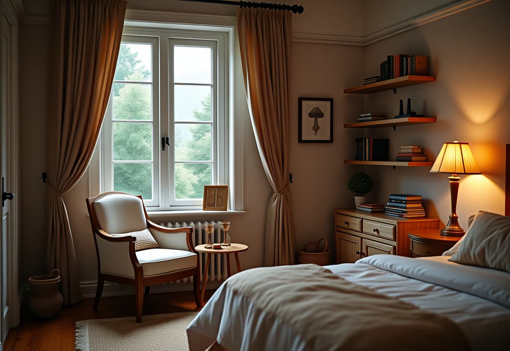  a landscape photo of a bedroom corner transformed into a cozy reading nook with a secondhand armchair, diy floating bookshelves, and a soft throw blanket hyperrealistic, full body, detailed clothing, highly detailed, cinematic lighting, stunningly beautiful, intricate, sharp focus, f/1. 8, 85mm, (centered image composition), (professionally color graded), ((bright soft diffused light)), volumetric fog, trending on instagram, trending on tumblr, HDR 4K, 8K