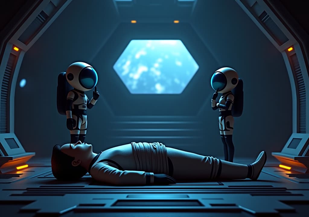  good quality, high quality, 3d among us scene with a lifeless body labeled 'pranav ajay,' the display name floating above in the game's signature font. a character named 'sukuna' stands nearby, putting a finger to his mouth in a silent gesture. beside him is a hot girl character named 'roro,' both in their among us spacesuits. the setting is inside the spaceship, with moody lighting and detailed textures.