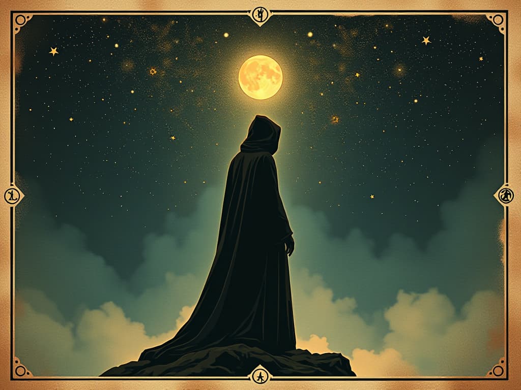  cloaked figure under star filled sky, silhouette against cosmos, celestial guardians above, aura of protection, vigilant watch. an illustration in the style of a worn, mystical old tarot trump card, mysterious and elements of surrealism. the colors are muted, somber and eerie, but with contrast bring out an occult and esoteric vibe.