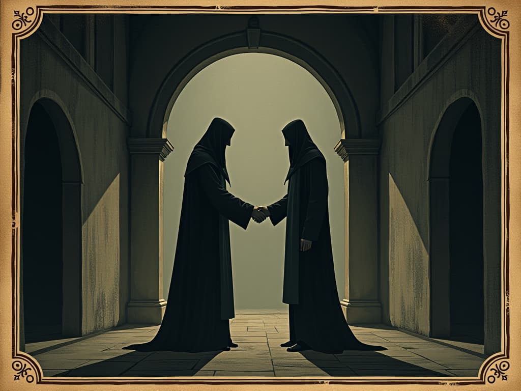  two figures shaking hands under a dark archway, one with crossed fingers behind the back, dim shadows, atmosphere of deceit and hidden agendas. an illustration in the style of a worn, mystical old tarot trump card, mysterious and elements of surrealism. the colors are muted, somber and eerie, but with contrast bring out an occult and esoteric vibe.