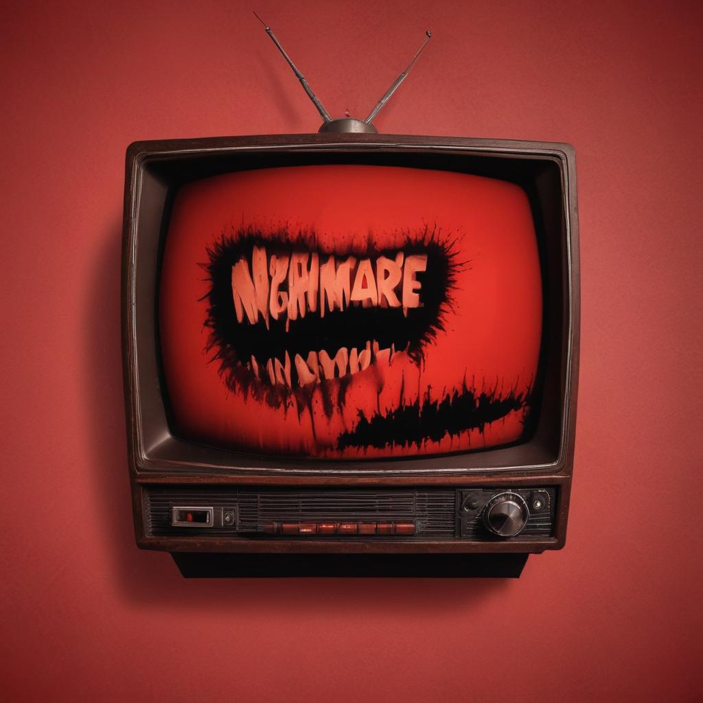 Profile photo of a horror channel with the name “ Nightmare TV “ Red background No character Retro style