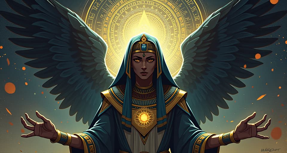  each word scintillating in the air, mystical symbols forming around, aura of cutting clarity. the style is digital art illustration / modern comic book / mysterious occult, symbolic, esoteric vibe,high detail on character design, incorporating ancient egyptian symbology and attire.