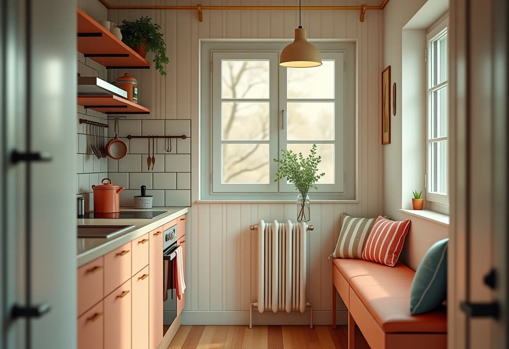  a landscape photo of a small galley kitchen with vertical storage solutions, including a magnetic knife strip and hanging pot rack, soft pastel colors, and a cozy breakfast nook by the window hyperrealistic, full body, detailed clothing, highly detailed, cinematic lighting, stunningly beautiful, intricate, sharp focus, f/1. 8, 85mm, (centered image composition), (professionally color graded), ((bright soft diffused light)), volumetric fog, trending on instagram, trending on tumblr, HDR 4K, 8K