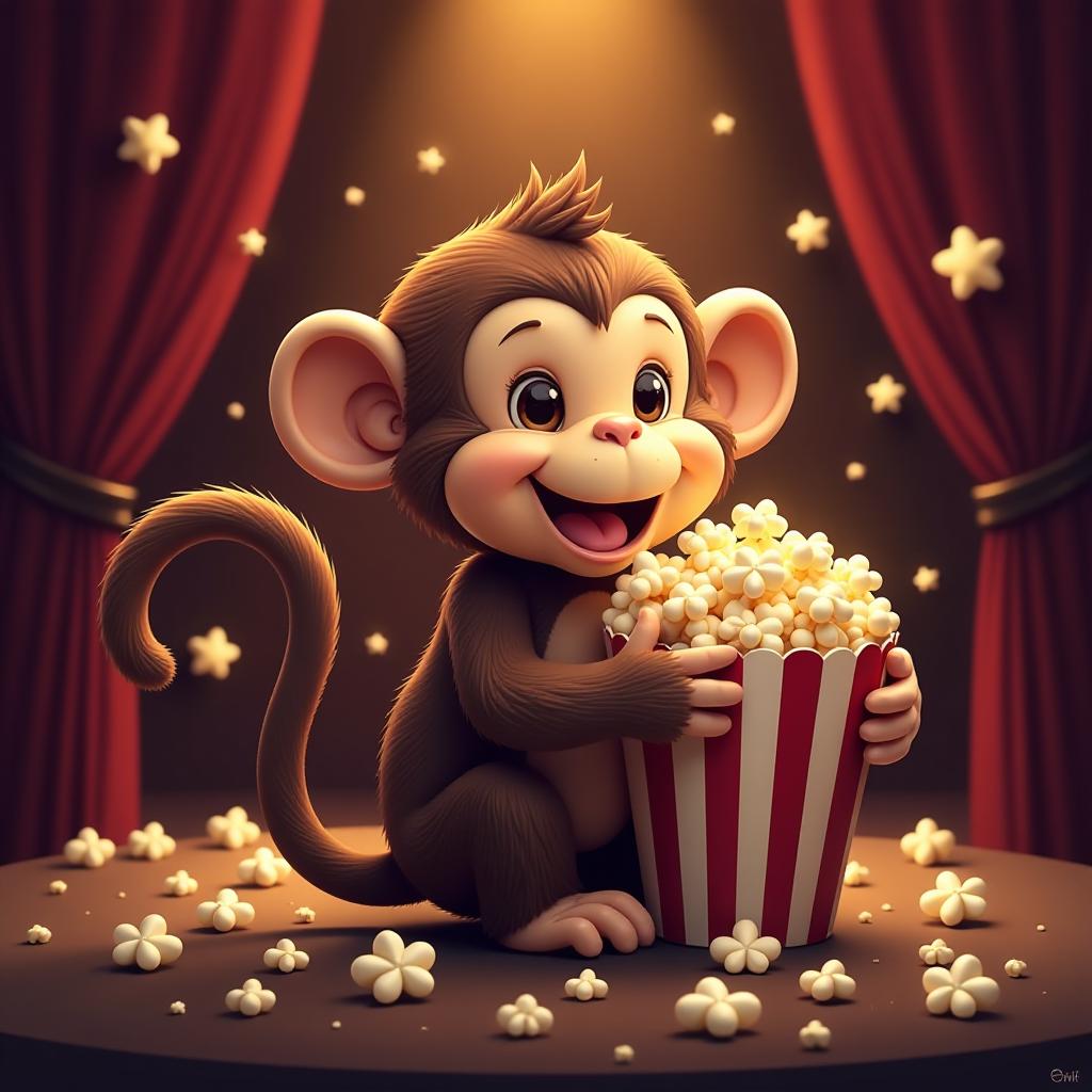  ui logo design, film reel surrounded by popcorn with movie theater backdrop, playful monkey with brown and popcorn yellow light, inspired by movies and entertainment, film reel shape, vector, ultra, hd, art by akihiko yoshida, cinematic cymk background