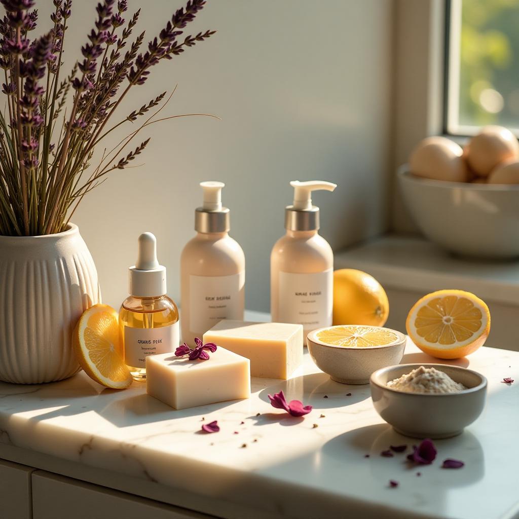  cinematic film style, an elegant display of handmade cosmetics on a marble countertop, under soft, studio lighting. the scene includes a variety of products like handmade soaps in delicate shapes, glass bottles of organic serums, and clay masks in small ceramic bowls. accentuated with natural elements like dried lavender, rose petals, and slices of fresh citrus fruits, creating a luxurious and sophisticated ambiance, shallow depth of field, vignette, maximum details, high budget hollywood movie, bokeh, cinemascope, moody, epic, gorgeous, sun rays and shadows on furniture and surfaces, flattering light, raw photo, photography, photorealistic, 8k resolution, f1.4, sharpened focus, sharp focus