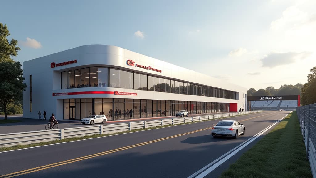  prompt: create an ultra realistic image showcasing the transformation of the nürburgring's ring°werk into a cutting edge technology center. include a redesigned facade, innovative interior walls, the iconic ring°kino, and a new interactive museum. emphasize the integration of automotive industry companies with modern workshop areas, sales and exhibition spaces, and sleek offices. highlight the grand prix track access and collaborative environment. incorporate logos of nürburgring and partner