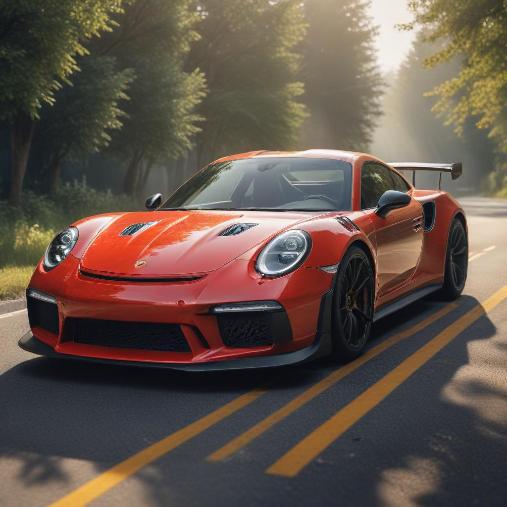 ((masterpiece)), (((best quality))), 8k, high detailed, ultra detailed, GT3RS, a luxurious sports car, (sleek aerodynamic design), (shiny red paint), (reflecting sunlight), speeding on a winding road hyperrealistic, full body, detailed clothing, highly detailed, cinematic lighting, stunningly beautiful, intricate, sharp focus, f/1. 8, 85mm, (centered image composition), (professionally color graded), ((bright soft diffused light)), volumetric fog, trending on instagram, trending on tumblr, HDR 4K, 8K