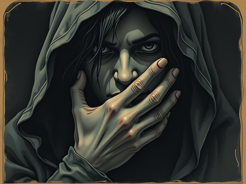  a face partially shrouded in darkness, shadowy hand covering the mouth, eerie atmosphere, mood of suppression and control. an illustration in the style of a worn, mystical old tarot trump card, mysterious and elements of surrealism. the colors are muted, somber and eerie, but with contrast bring out an occult and esoteric vibe.