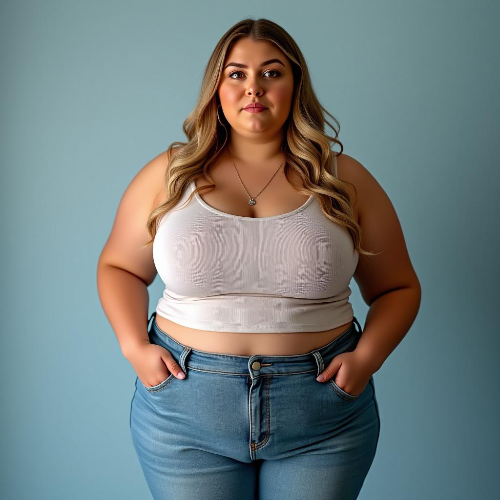  a full figured girl who regrets not being restrained with food during her vacation and is now trying to figure out how to lose weight quickly and fit into her favorite jeans.