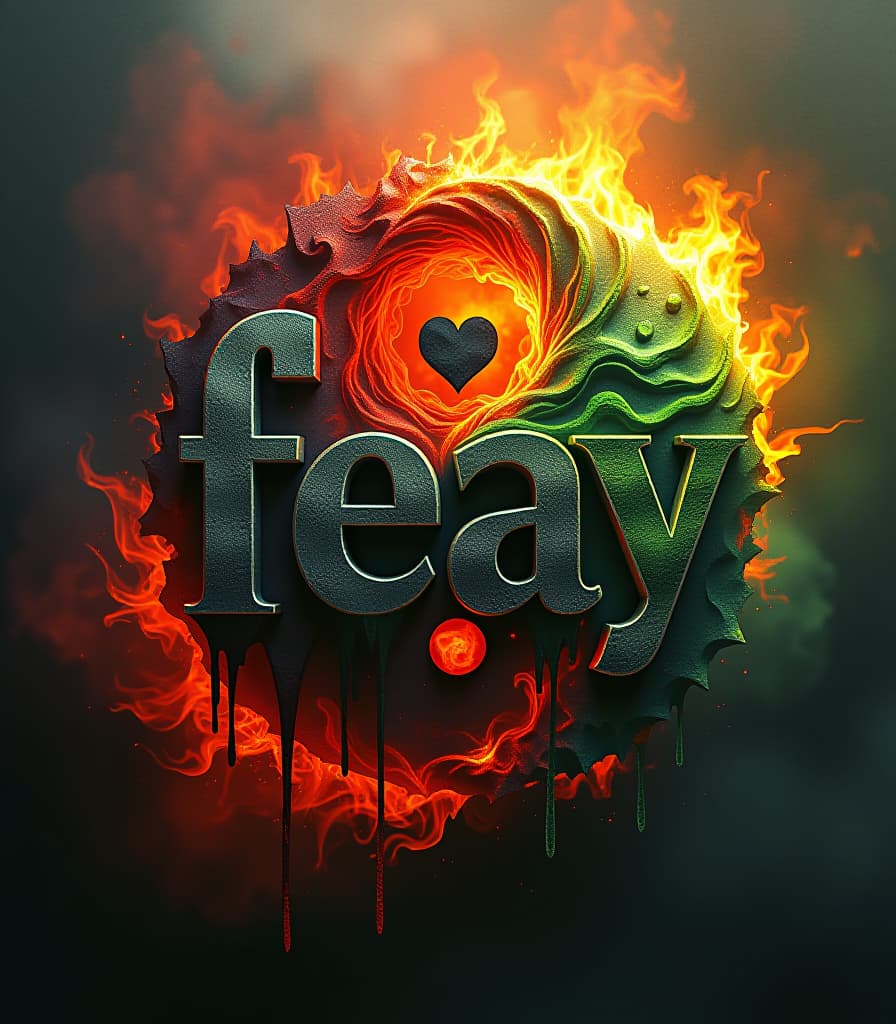  (masterpiece, high resolution, digital painting:1.3), bold capital letters, "fury" engulfed in (fiery flames:1.4), vibrant reds and oranges, dynamic brush strokes, (smoky textures:1.2), swirling embers, contrasting with "fear" rendered in (toxic green hues:1.3), dripping poison effects, sharp angular shapes, layered image composition, (yin yang symbol:1.1) intertwining both texts, abstract lettering, (explosive visual effects:1.2), fiery background merging into dark, eerie shadows, intricate details in the letters, glowing edges, expressive and intense atmosphere, capturing the duality of emotions, dramatic lighting. hyperrealistic, full body, detailed clothing, highly detailed, cinematic lighting, stunningly beautiful, intricate, sharp focus, f/1. 8, 85mm, (centered image composition), (professionally color graded), ((bright soft diffused light)), volumetric fog, trending on instagram, trending on tumblr, HDR 4K, 8K