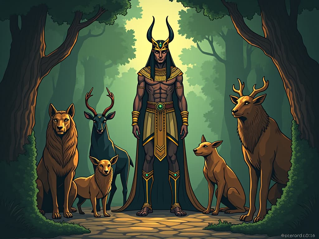  melampus, surrounded by a variety of animals, depicted in a lush and natural environment, standing apart as a wise figure. the style is digital art illustration / modern comic book / mysterious occult, symbolic, esoteric vibe,high detail on character design, incorporating ancient egyptian symbology and attire.