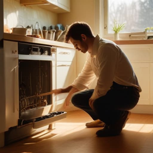 A photo of a technician repairing a malfunctioning dishwasher in a cozy kitchen during a late afternoon with warm, golden sunlight streaming through the window, casting soft shadows across the room.