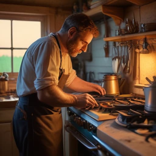 A photo of a seasoned appliance repair technician meticulously repairing a vintage stovetop in a rustic kitchen during early evening with warm, golden-hour lighting.