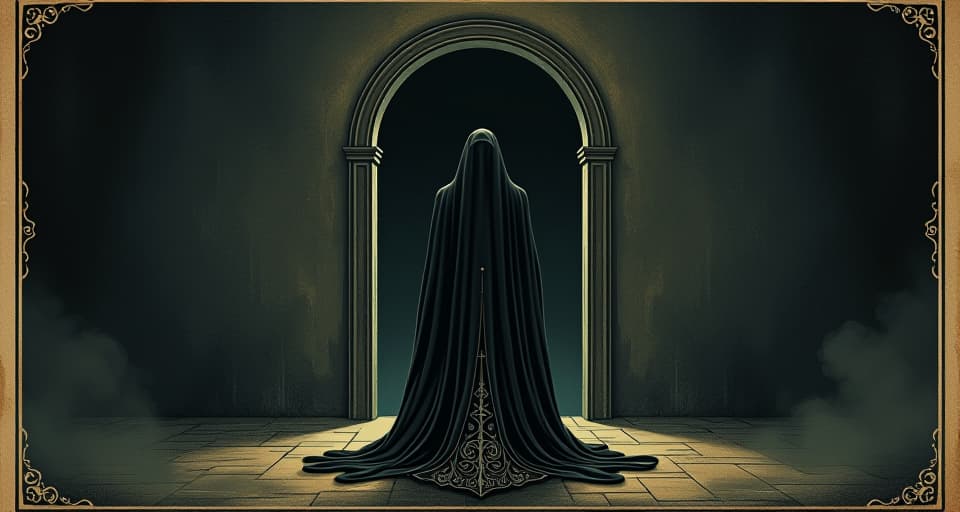  a cloaked figure standing before a dark doorway, intricate designs on the cloak, the doorway glowing faintly, sense of mystery, unknown, enigmatic, the cloaked figure central, dark ambiance, minimalist background. an illustration in the style of a worn, mystical old tarot trump card, mysterious and elements of surrealism. the colors are muted, somber and eerie, but with contrast bring out an occult and esoteric vibe.