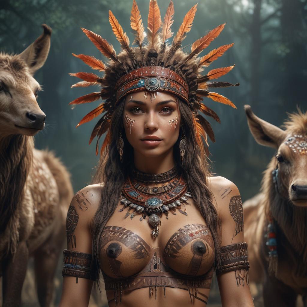 ((masterpiece)),(((best quality))), 8k, high detailed, ultra detailed, beautiful woman tribe, woman surrounded by tribal animals, (tribal body paint), tribal headdress, (mystical lighting) hyperrealistic, full body, detailed clothing, highly detailed, cinematic lighting, stunningly beautiful, intricate, sharp focus, f/1. 8, 85mm, (centered image composition), (professionally color graded), ((bright soft diffused light)), volumetric fog, trending on instagram, trending on tumblr, HDR 4K, 8K