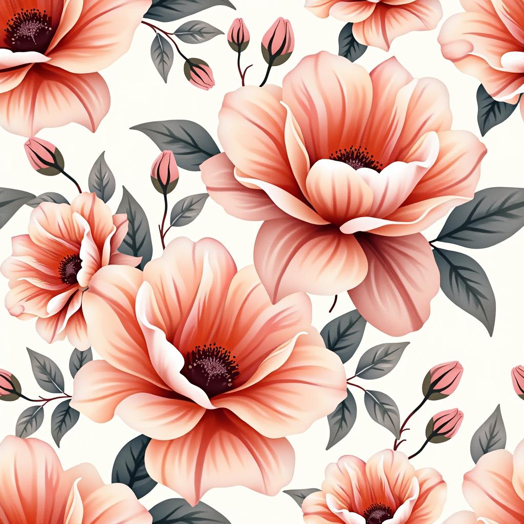  create a seamless digital design featuring a pattern of large, beautiful flowers with soft, watercolor like effects. the flowers should cover the entire surface, creating a bold, elegant, and continuous look. the overall style should be light and airy, with delicate leaves and petals to enhance the natural, floral theme. the design should be seamless to ensure it can be used in repeating patterns or wraps.