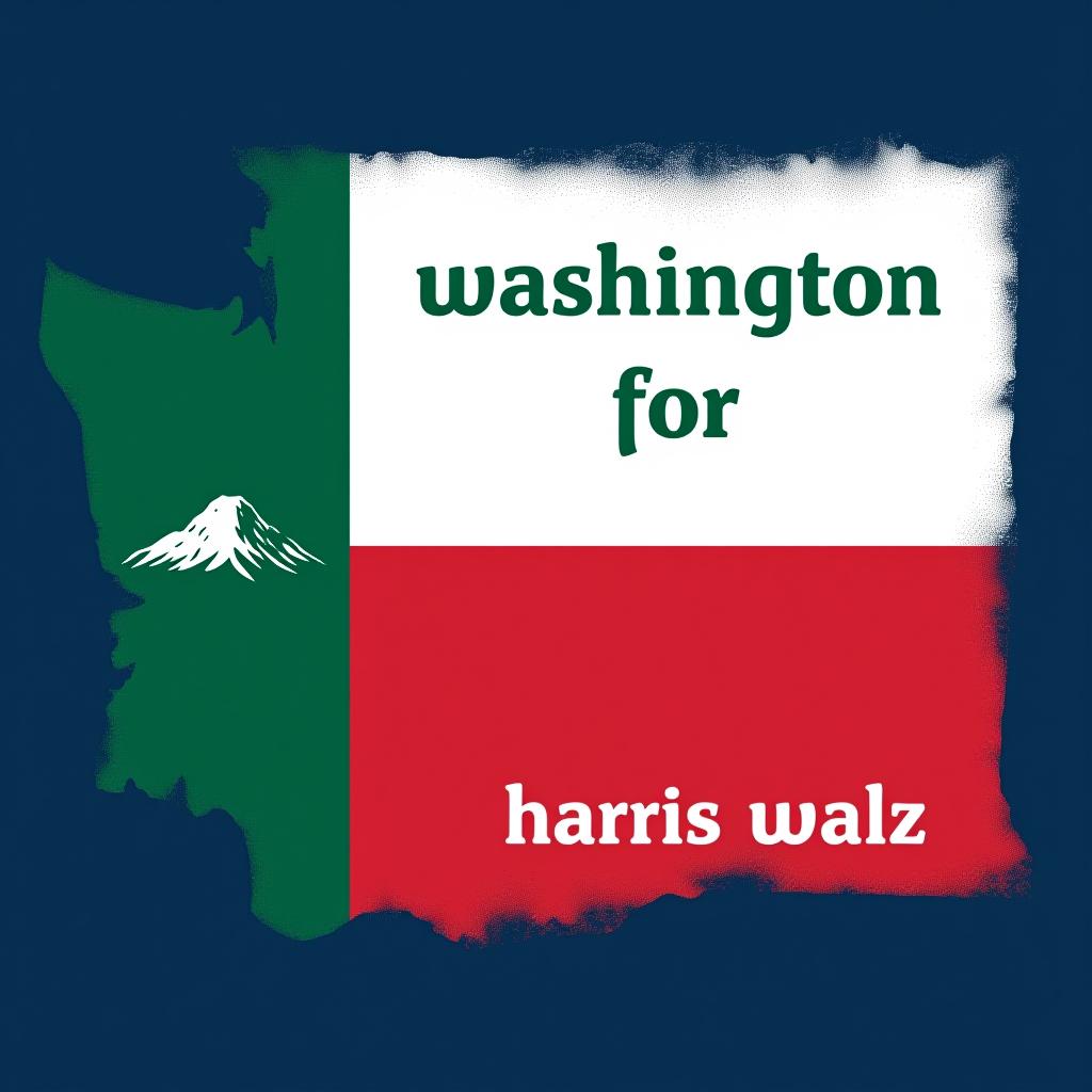  a tshirt design inspired by the washington state flag. the left side features a green vertical stripe with a large mountain in the center. the right side is divided into two horizontal sections: the top section is white with the text 'washington for' in bold, green, uppercase letters, and the bottom section is red with the text 'harris walz 2024' in bold, white, uppercase letters. the overall layout is clean and straightforward, with a clear and patriotic color scheme of blue, white, and red.