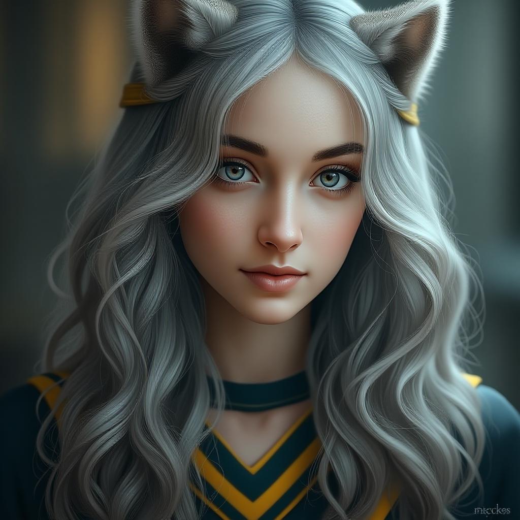  eileen fletcher hair long wavy silver ,eyes light blue age 18 halfblood protronus : bobcat hogwarts house : huffle puff (black ,yellow and grey ) (harry potter style) 5’4 (female big chest ), award winning, professional, highly detailed, masterpiece